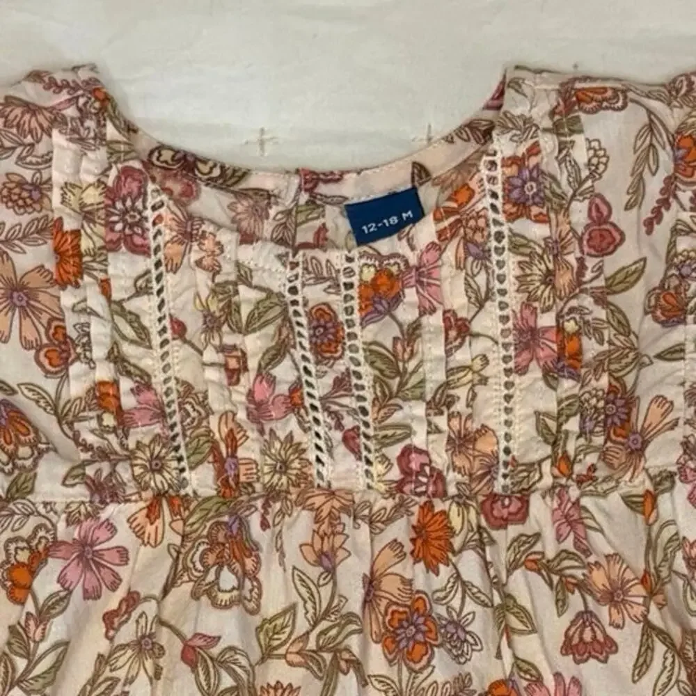 Old Navy Floral Print Pintucked Swing Dress Baby Girl 12-18M Cream Coral